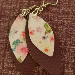 Leather/faux earrings, 2 layer purple floral